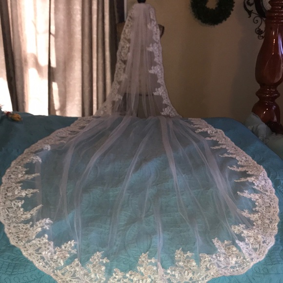 Pink Magnolia Accessories - New Beautiful Xlong lace edged cathedral veil